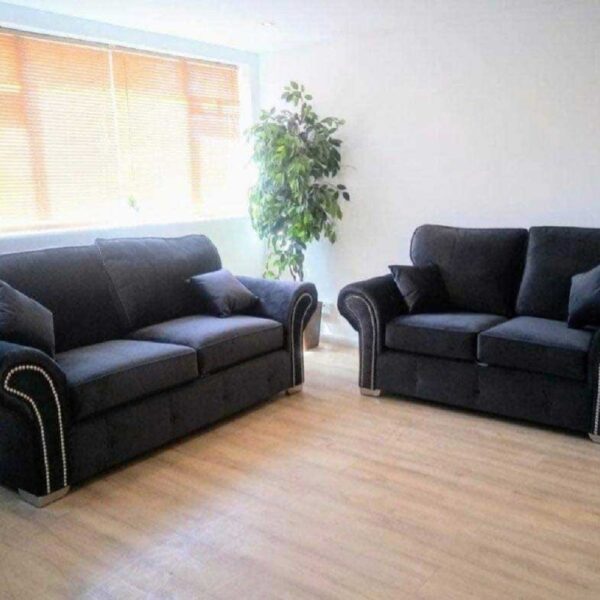 Black plush fabric 3 + 2 seater sofa set