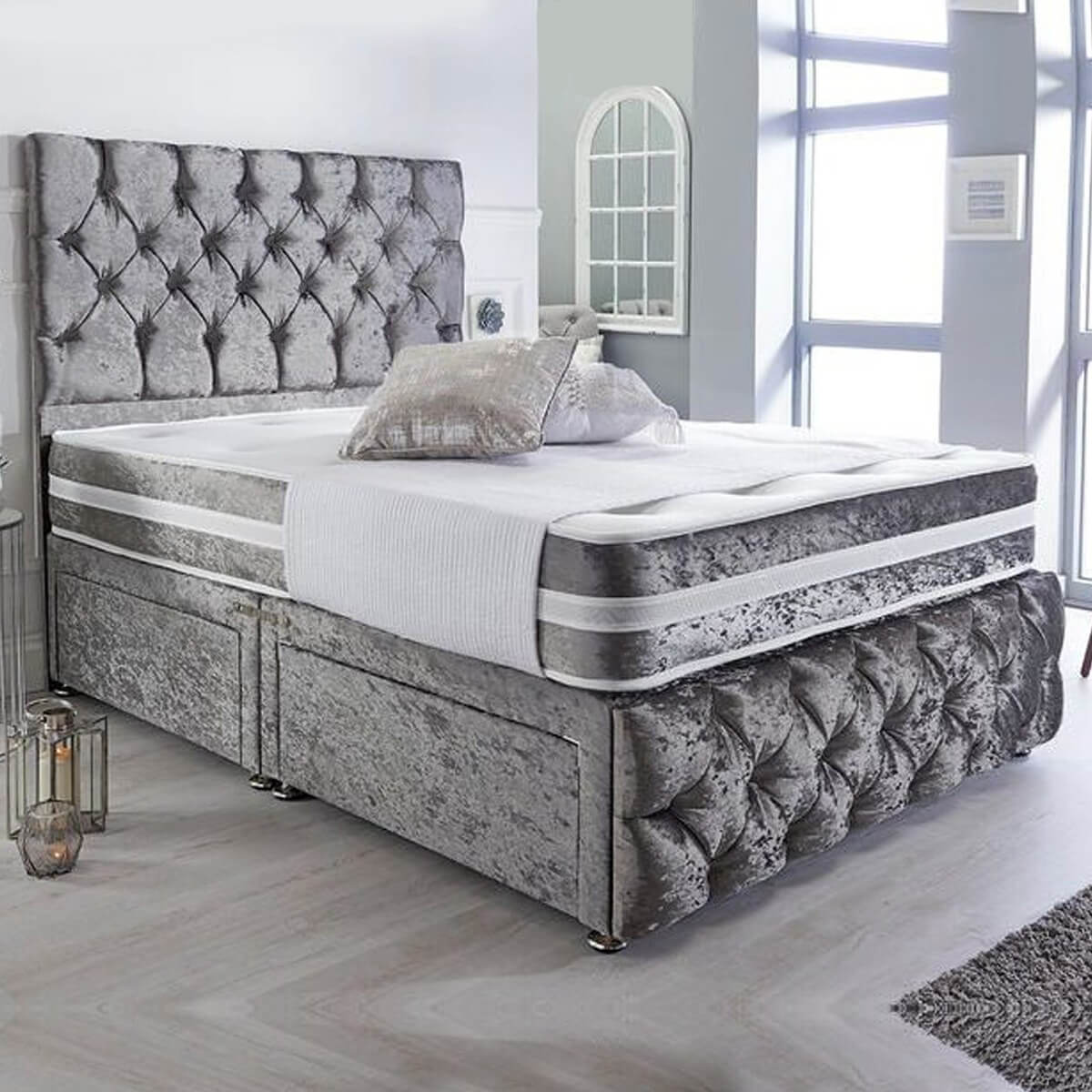 Luxury Crushed Velvet Champagne Divan Bed (1)